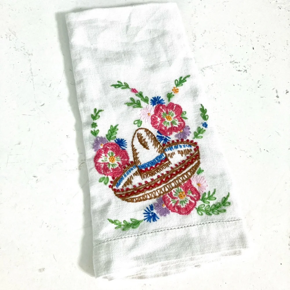 Vintage 40’s embroidered sombrero hat & flowers white linen tea towel